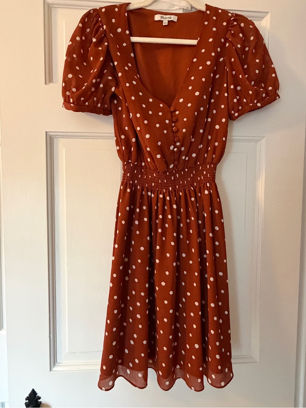 Madewell Rust Polka Dot Puff Sleeve Mini Dress